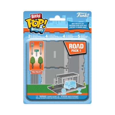 Conjunto Bitty Pop! Bitty City Road Pack 1 da Funko em embalagem azul com acessórios de estrada cinza