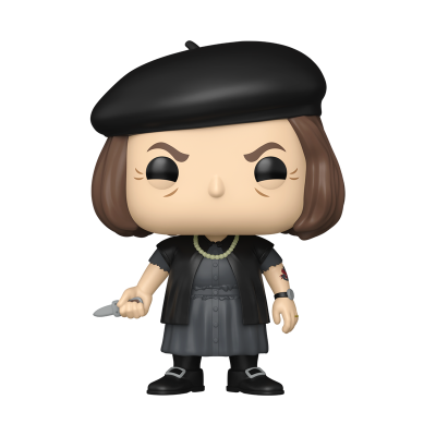 Boneco colecionável estilo Funko Pop com boina preta, vestido cinza e faca.