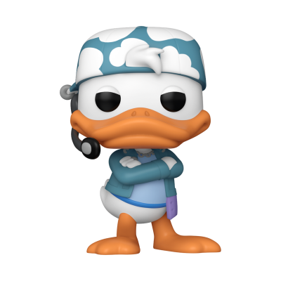Figura Funko Pop do personagem Donald Duck com roupas azuis e boina com nuvens brancas