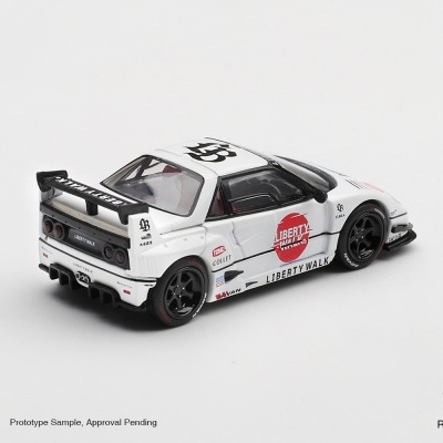 Miniatura carro desportivo branco com logótipos Liberty Walk e detalhes em preto e vermelho