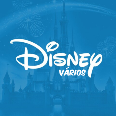 Logotipo Disney e texto VÁRIOS sobre fundo azul com castelo e fogos de artifício