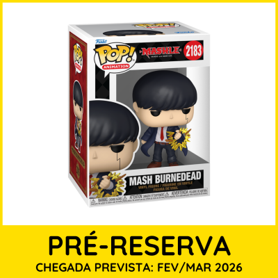Figura Funko Pop Mash Burnedead com cabelo preto, fato azul e gravata vermelha dentro da caixa