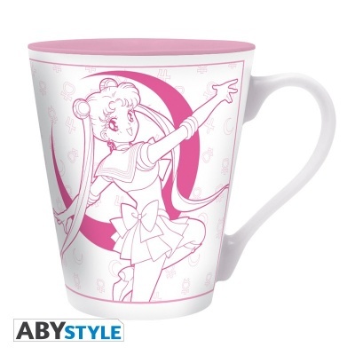 Caneca branca e rosa com ilustração anime e texto ABYSTYLE