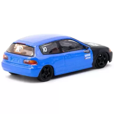 Miniatura de carro de corrida azul e preto com autocolante 10 ANNIVERSARY no vidro traseiro