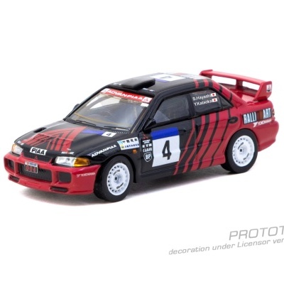 Miniatura de carro de corrida Mitsubishi preto e vermelho com número 4 e detalhes de patrocínio