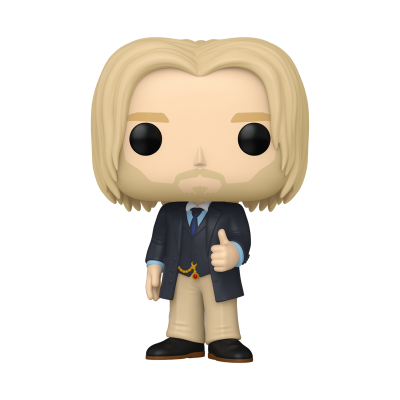 Figura Pop! vinil homem cabelo loiro fato azul calças bege sapatos pretos mão positiva