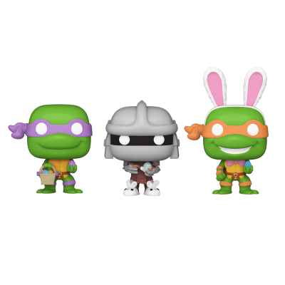Três figuras Funko Pop dos Teenage Mutant Ninja Turtles com diferentes acessórios e cores de faixa.