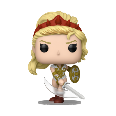 Figura Funko Pop loira com tiara vermelha e roupa branca dourada segurando escudo e arma.