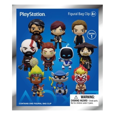Caixa azul com figuras colecionáveis PlayStation Figural Bag Clip, Série 1, 11 personagens.