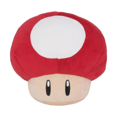 Pelúcia de cogumelo vermelho com face sorridente e olhos grandes