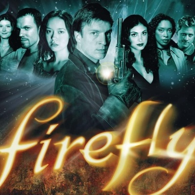 Poster da série Firefly com vários personagens e texto luminoso