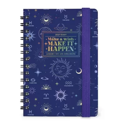 Caderno diário 2027 com capa azul e símbolos astrológicos.