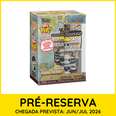 Embalagem Funko Bitty Pop! Going Merry display com miniaturas e texto pré-reserva