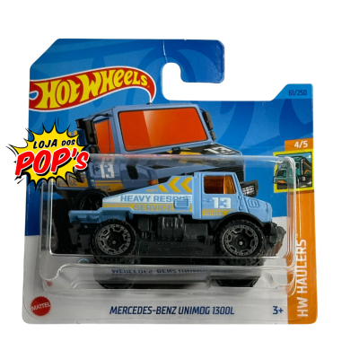Brinquedo Hot Wheels Mercedes-Benz Unimog 1300L azul com detalhes amarelos e cinzentos