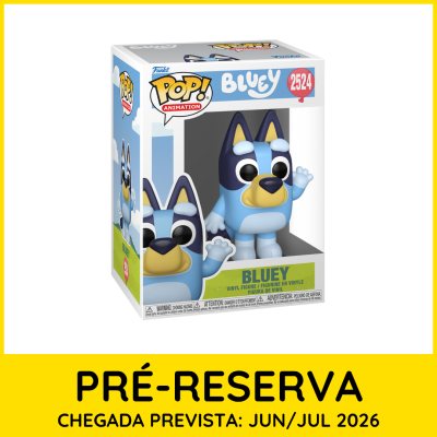 Figura em vinil Bluey POP! Animation na caixa com fundo branco e amarelo