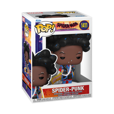 Figura Funko Pop! Spider-Punk nº 1411 em caixa transparente com texto