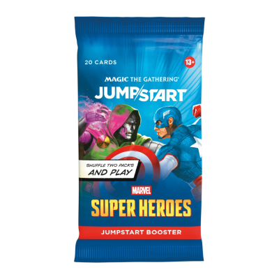 Pacote azul de cartas Magic The Gathering Jumpstart Marvel Super Heroes com ilustrações de super-heróis