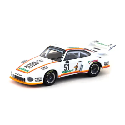 Miniatura de carro de corrida Porsche branco com detalhes coloridos e número 51