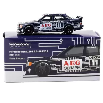 Miniatura de Mercedes-Benz 190 E 2.5-16 EVO 1 azul escuro com AEG OLYMPIA sobre caixa