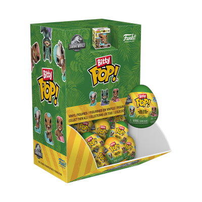 Expositor com figuras Vinyl Bitty Pop! de Jurassic World em cápsulas verdes