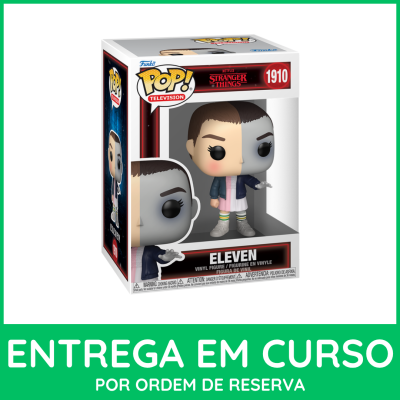 Figura Funko Pop! Eleven Stranger Things na embalagem com texto e aviso.