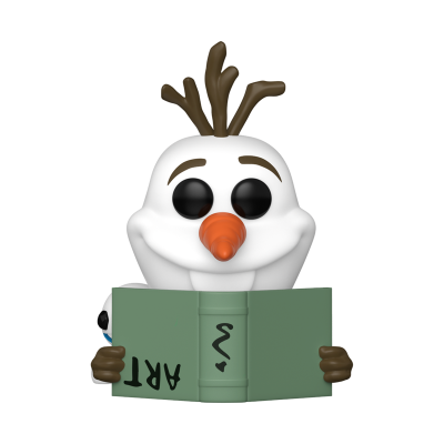 Boneco de neve com nariz de cenoura segurando um livro verde com a palavra ART