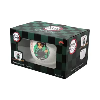 Conjunto Demon Slayer com tigela e pauzinhos em caixa xadrez