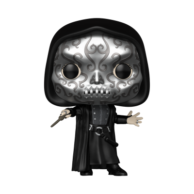 Figura Funko Pop com máscara metálica prateada e capa preta