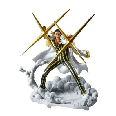 Estatueta de personagem com ominosos efeitos dourados e base de nuvens brancas