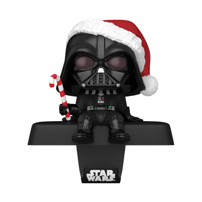 Figura Funko Pop do Darth Vader com chapéu de Pai Natal e bastão de açúcar sentado numa base com logótipo Star Wars.