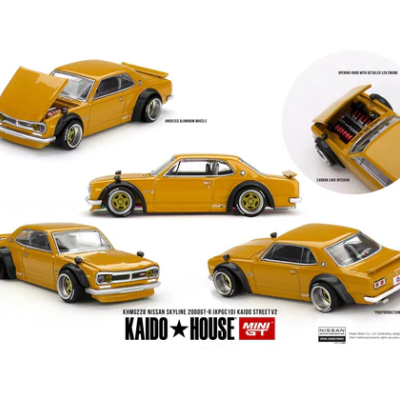 Miniatura de Nissan Skyline 2000GT-R amarelo e preto com motor detalhado