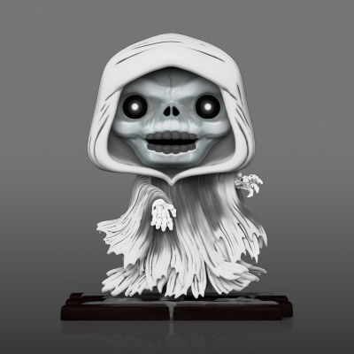 Figura decorativa de espírito com capuz branco e caveira cinzenta