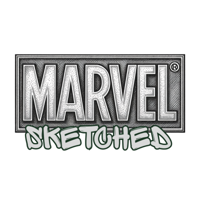 Logótipo da palavra MARVEL esboçado a preto e branco com a palavra SKETCHED em estilo graffiti cinza abaixo