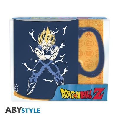 Caneca azul com personagem Vegeta Super Saiyan e texto Dragon Ball Z na embalagem