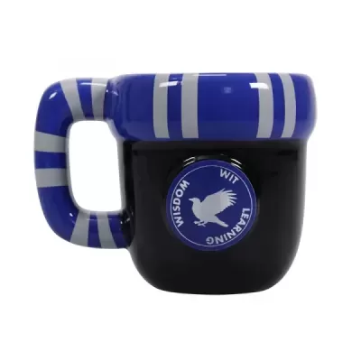 Caneca preta com aro e alça azul com riscas brancas e círculo azul com texto e águia