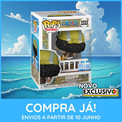 Figura Funko Pop! Usopp One Piece, caixa branca e fundo marinho