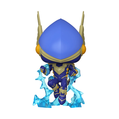 Figura estilizada com capacete azul e dourado segurando elementos de água azuis