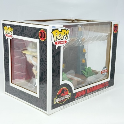 Funko Pop Town John Hammond Jurassic Park número 30 na caixa com fundo preto e amarelo.