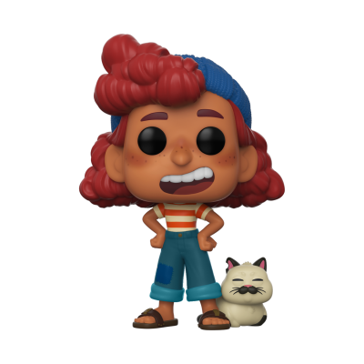 Figura Funko Pop de personagem com cabelo vermelho, touca azul, roupa colorida, e um gato branco ao lado