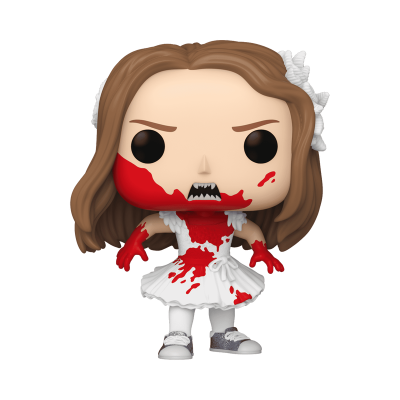 Figura Funko Pop personagem feminina com vestido branco e manchas de sangue vermelho