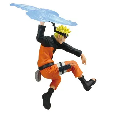 Figura de ação do personagem Naruto com roupa laranja e preta segurando objeto azul translúcido.