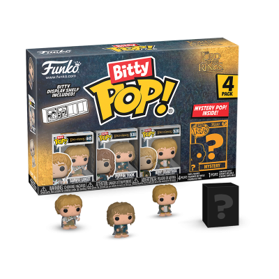 Conjunto Funko Pop! Bitty Senhor dos Anéis com 4 figuras, embalagem azul e amarela