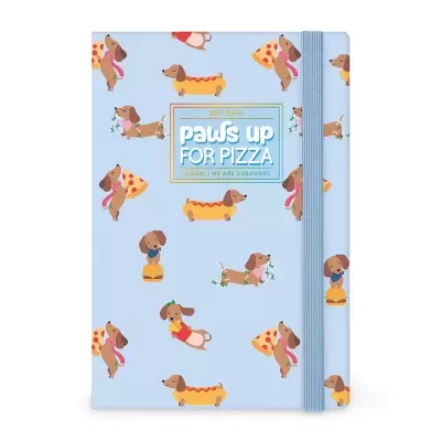 Diário azul claro com ilustrações de cães salsicha e pizza