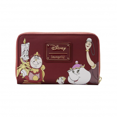 Carteira vermelha com personagens Disney e placa metálica loungefly