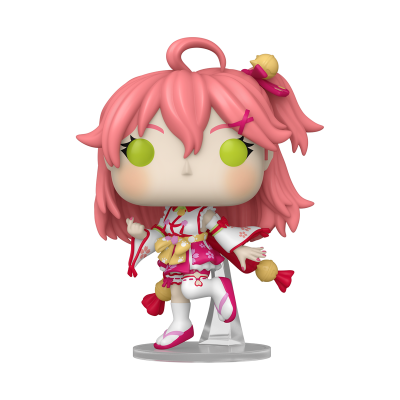 Boneco Funko Pop com cabelo rosa e roupa rosa, branca e vermelha