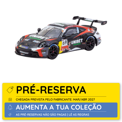 Miniatura carro de corrida Porsche preto branco e vermelho com logótipos UNIBET e Red Bull