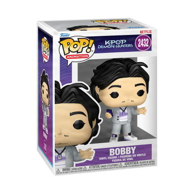 Figura Funko Pop Bobby de K-POP Demon Hunters em embalagem roxa