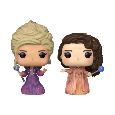 Duas figuras Funko Pop femininas com varinhas e vestidos brilhantes em roxo e pêssego