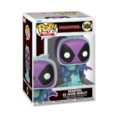 Figura Pop! Plus Deadpool como Jacob Marley na embalagem