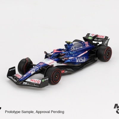 Miniatura de carro de Fórmula 1 azul com logos e pneus pretos